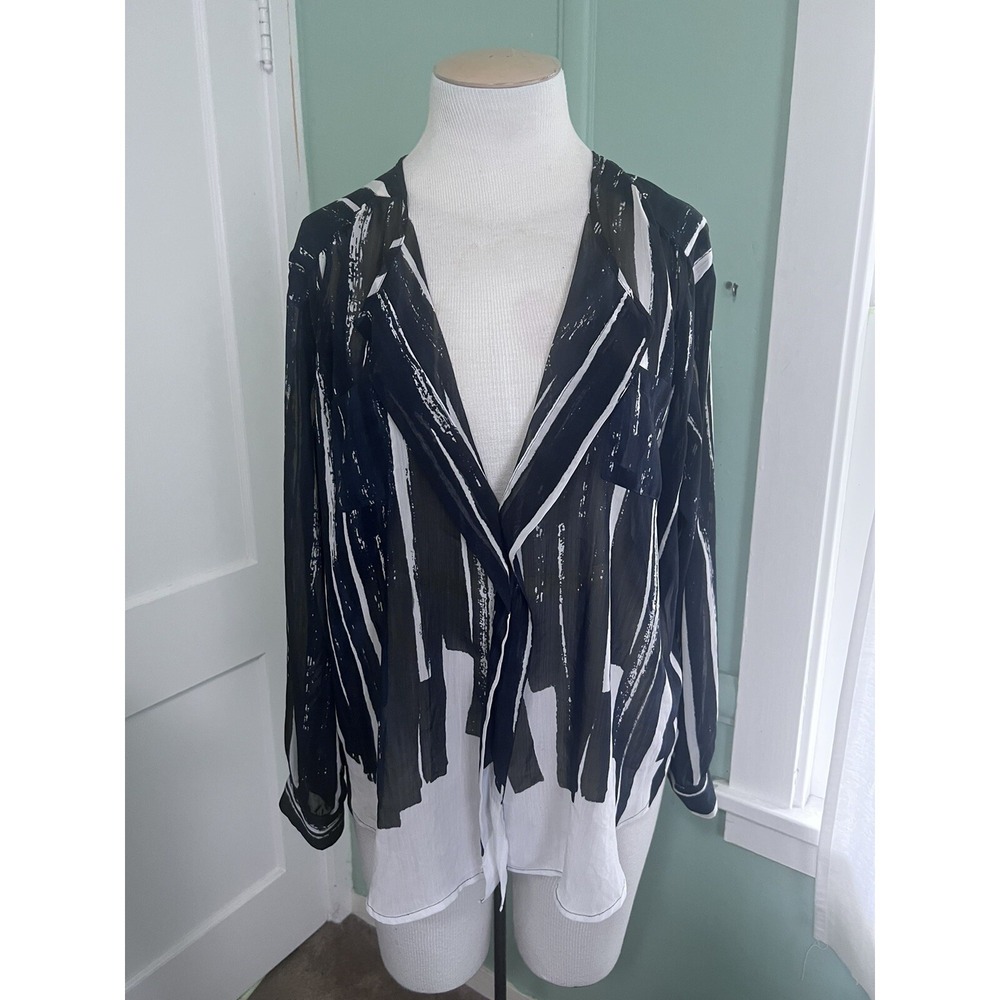 Addition Elle Sexy Sheer Striped Dark Blue & White Plus Size V-Neck Tunic 1X
